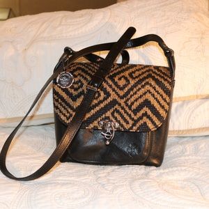 New Patricia Nash Leandra Black Tan Leather Tribal Weave Flap Crossbody